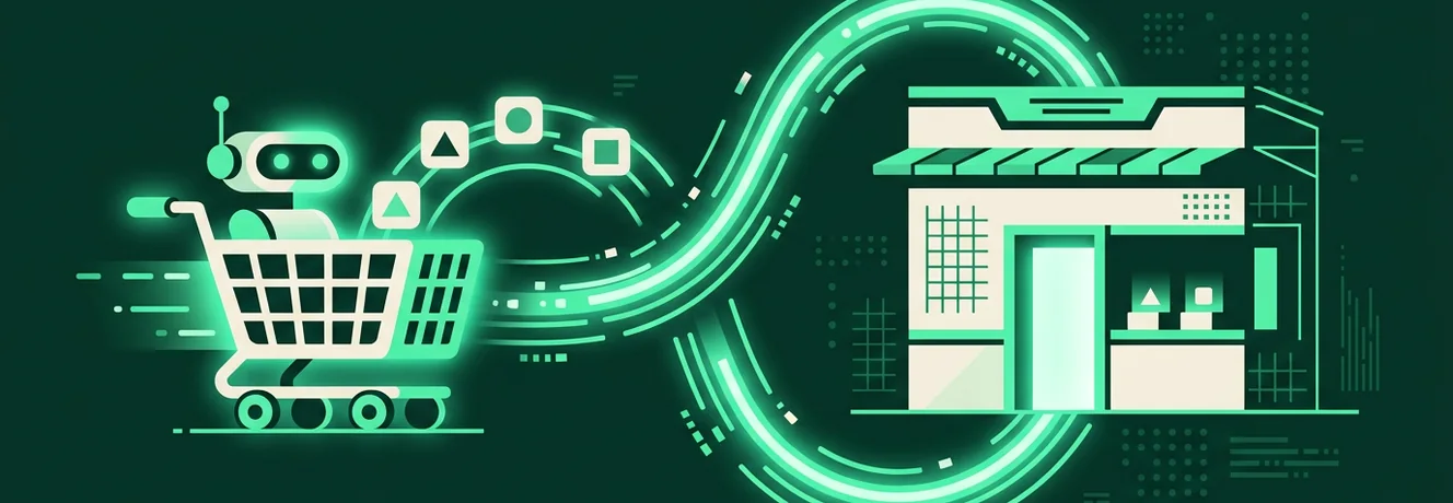 Wizualizacja agentic commerce w sklepie internetowym, gdzie agent AI przegląda oferty produktowe