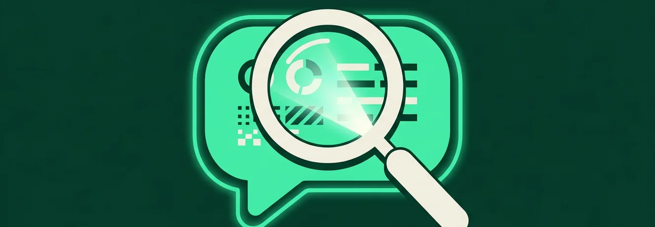 Ilustracja symbolizująca test, jak sprawdzić czy ChatGPT zna moją firmę, za pomocą lupy i okna czatu
