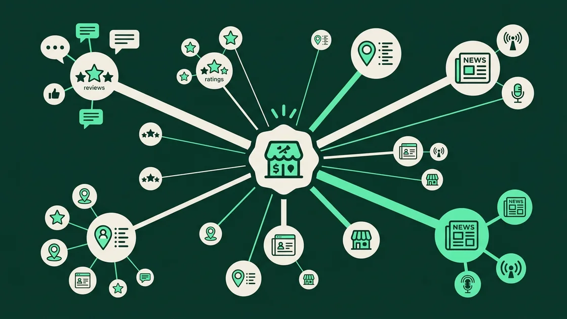 Diagram sygnałów earned media wpływających na to, jak trafić do lokalnych rekomendacji AI