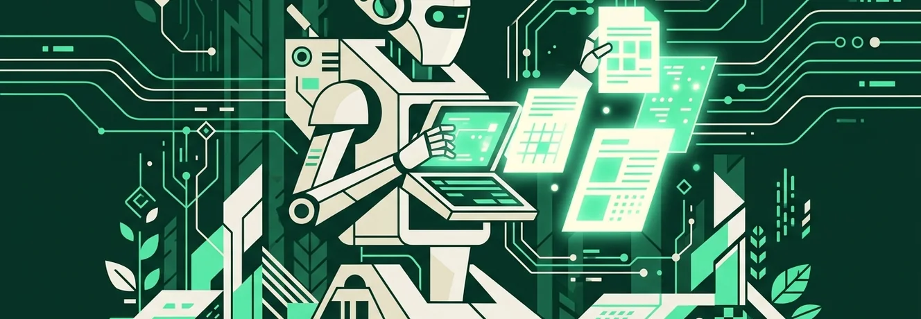 Ilustracja przedstawiająca robota AI zbierającego rozproszone fragmenty treści, symbolizująca skąd AI bierze opinie o markach